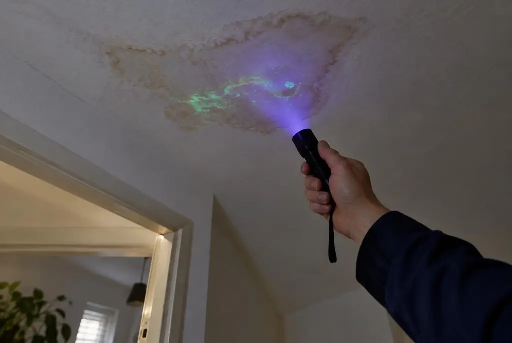 Lekdetectie Harderwijk – kleurstof controleren op het plafond met uv-licht