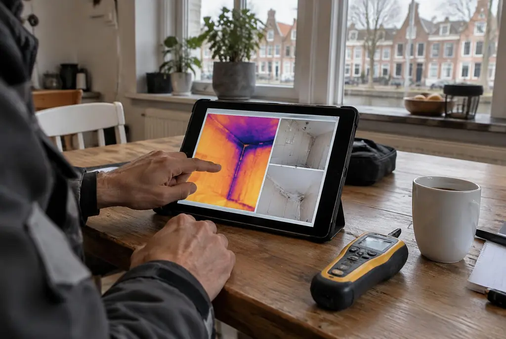 Lekdetectie Harderwijk – lekdetectierapport met warmtebeelden en foto's op een tablet