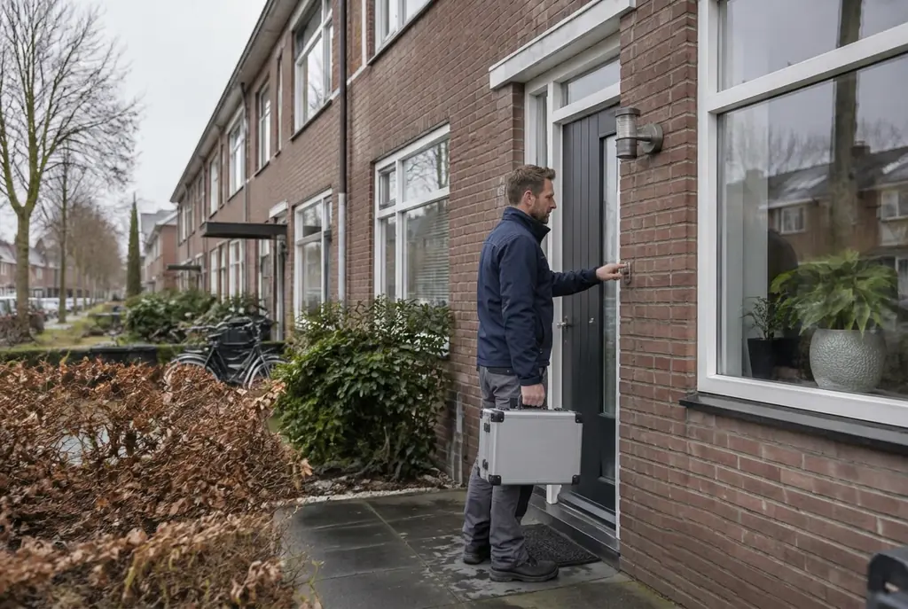 Lekdetectiespecialist met meetkoffer bij de voordeur van een woning in Harderwijk